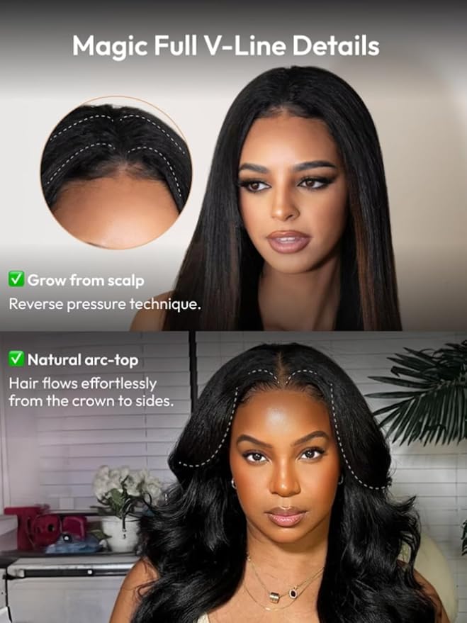 KLAIYI EasiContour V Part Wig Human Hair Body Wave Glueless Upgrade U Part Wig No Leave Out No Gel Clip in Half Wig V Shape Pull and Go Beginner Friendly Ready to Wear Natural Black Color 150% 18Inch