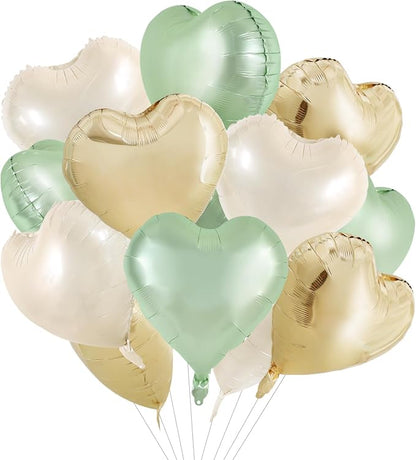 TONIFUL 15 Pcs 18 Inch Cream Gold Green Heart Shape Foil Mylar Balloons | by TONIFUL