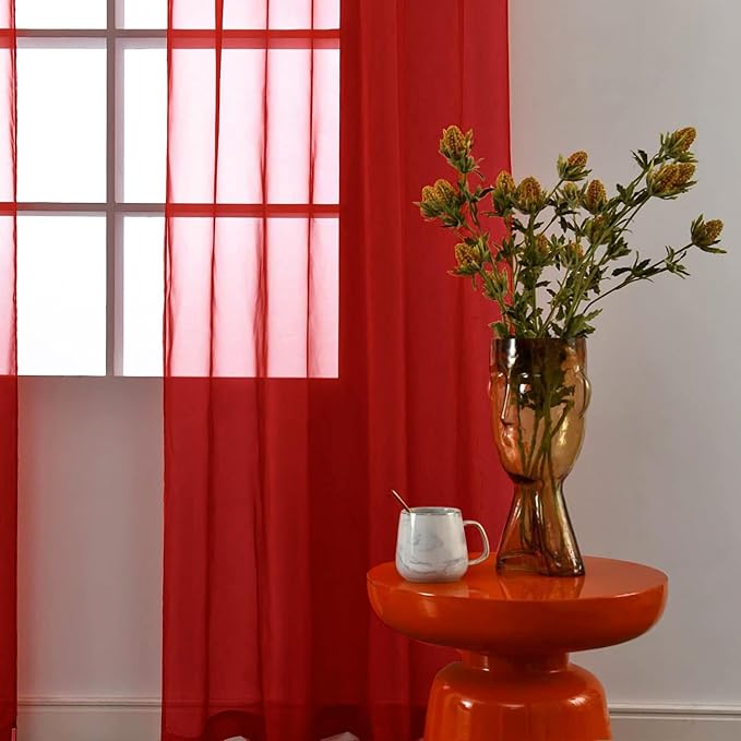 SpaceDresser Basic Rod Pocket Sheer Voile Window Curtain Panels Christmas Red 1 - Image 2