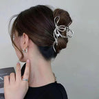 Metal Bow Hair Clips Bow Hair Claw Clips with Pearl Large Bowknot Claw Clip Strong Hold Nonslip Hair Jaw Clip for Thin Thick Hair Stylish Hair Accessories for Women Silver