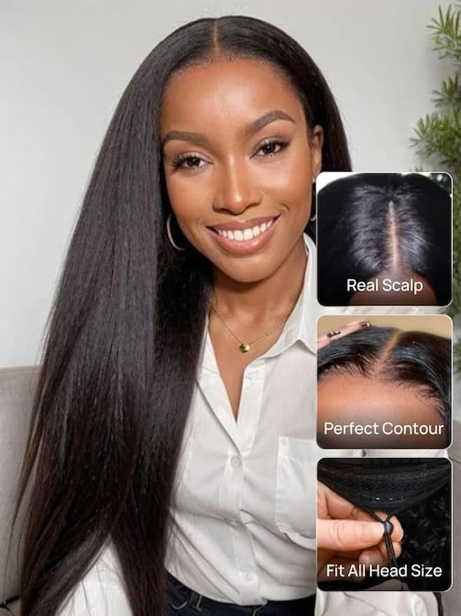 YIROO EasiContour V Part Wigs Human Hair Yaki Straight Human Hair Wigs No Leave Out Glueless Upgraded U Part Wigs for Women V Shape Clip in Vpart Wig No Sew in No Glue Beginner Friendly 22 inch