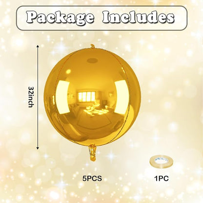 Gold Round Foil Balloons 32 Inch 5 Pcs 4D Ball Balloons Metallic Golden Balloon - Image 2