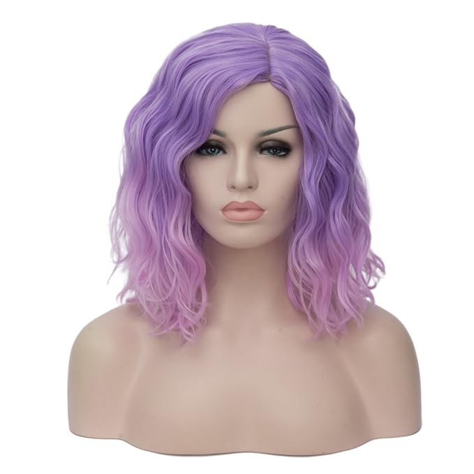 BUFASHION 14" Women Short Pink Purple Bob Wavy Glue Less Synthetic Hair Wig 46 Colors Available（Pink Purple）