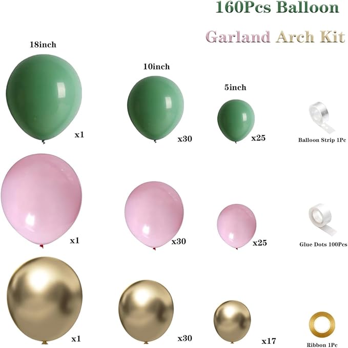Spring Balloon Garland Arch Kit 160Pcs Sage Green Pink and Gold Latex Balloons - Image 2