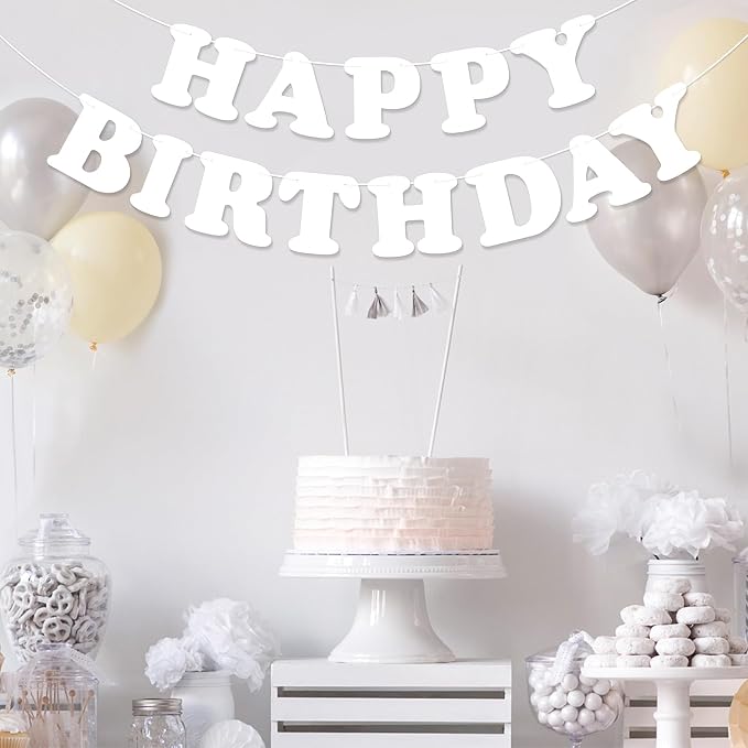 White Happy Birthday Banner Sign Birthday Backdrop Party Supplies - Image 4