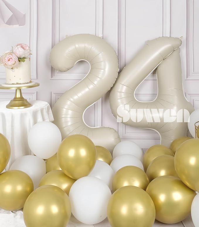 SUWEN 40 Inch Large Cream White 24 Number Balloons Big Foil Helium Number - Image 4