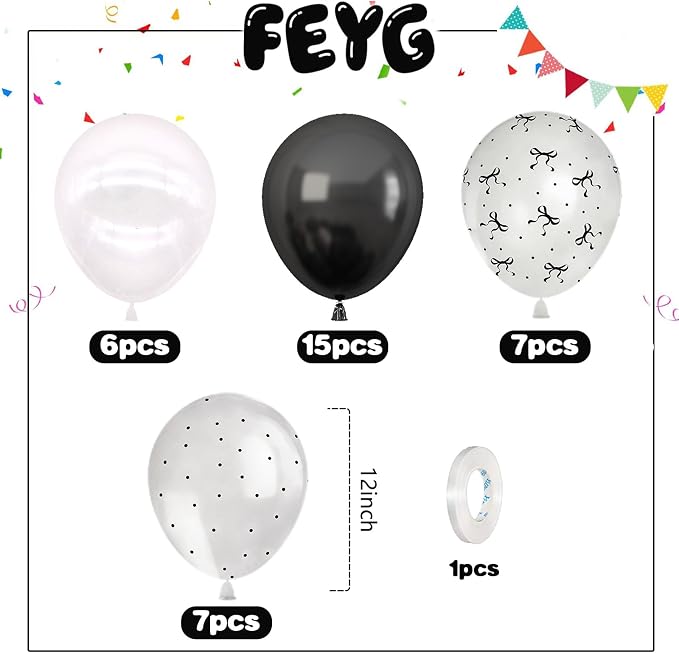 Black and White Bow Balloons, 12 Inch Pearl White Black Bow Printed Balloon - Image 2
