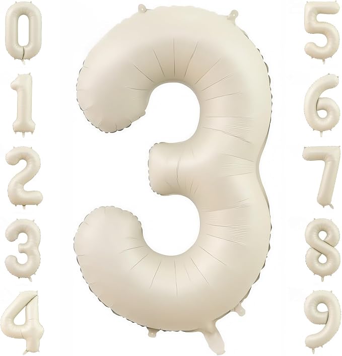 Cream Number 3 Balloons, 40 Inch 3 Balloons Giant Helium Foil Mylar Beige 3 by BBPOOL
