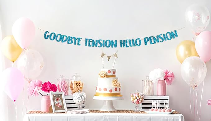 Pre-Strung Goodbye Tension Hello Pension Teal Glitter Banner - Image 2