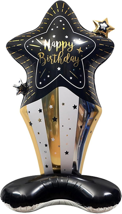 59" Black & Gold Standing Star Happy Birthday Foil Balloon | giant black gold by RychifPartySupplies
