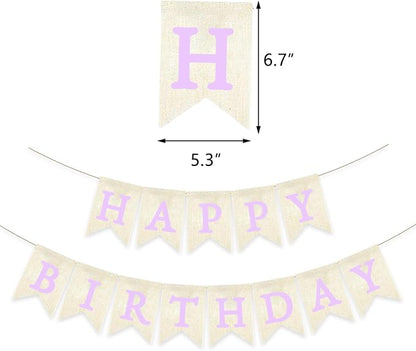 Purple Happy Birthday Banner Pre-strung Burlap Bunting Party Backdrop Sign - Image 2