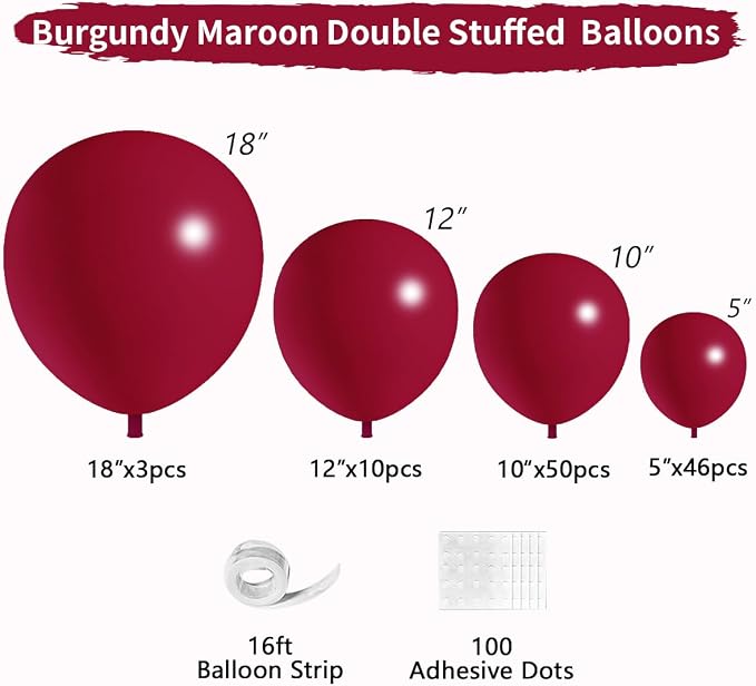 Double Stuffed Burgundy Balloons Different Size 115Pcs 5/10/12/18 Inch Maroon - Image 2
