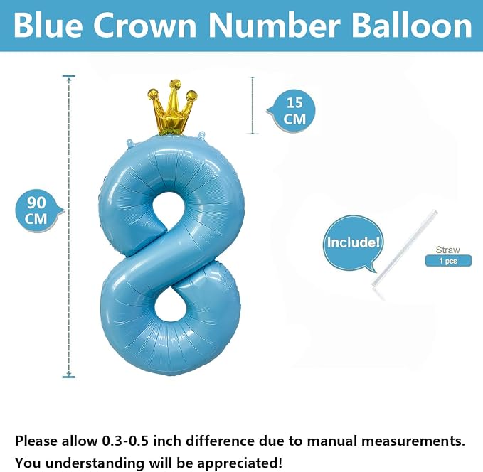 Blue Number 8 Balloon with Crown, 40 inch Blue Number Balloon 8th Birthday - Image 2