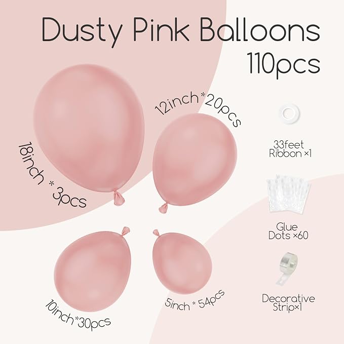 Awenztech 110pcs Dusty Pink Balloon Arch Garland Kit 18 12 10 5 inch | Wedding - Image 2