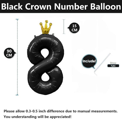 Black Number 8 Balloon with Crown, 40 inch Black Number Balloon 8th Birthday - Image 2