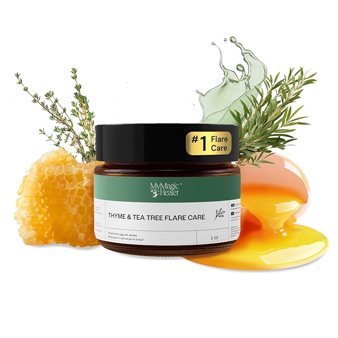 MyMagicHealer Thyme & Tea Tree Flare Care | Ingrown Hair, Razor Bumps, Blind Pimples, Bartholin, Pilonidal Cysts | Folliculitis Cure | Piercing Care w/Egg Yolk Extract & Tea Tree 1 oz