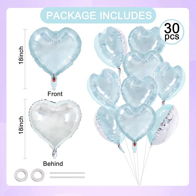 TONIFUL 15Pcs 18In Blue Heart Balloons Transparent Ice Pale Mylar Hearts | Low - Image 2