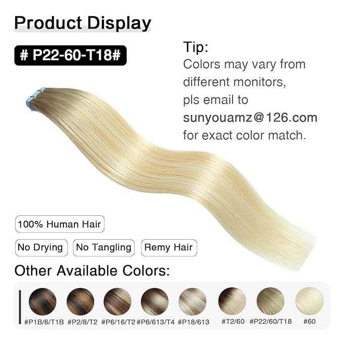 SUYYA Tape in Hair Extensions Human Hair Balayage Ash Blonde to Medium Blonde and Platinum Blonde 12 Inch 40g/pack 20pcs Straight Seamless Skin Weft Tape in Extensions(12inch #P22/60/T18)