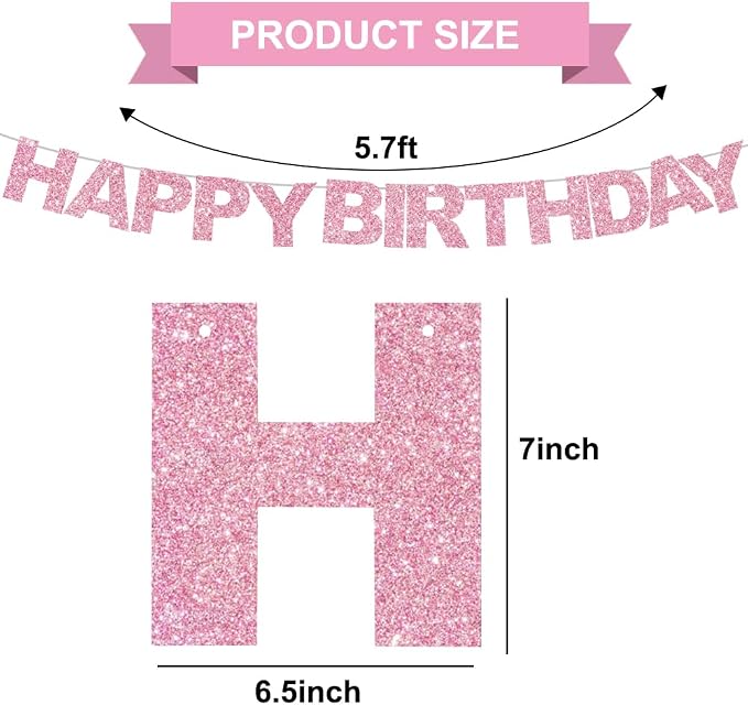 BEISHIDA Pre-Strung Glitter Pink Happy Birthday Banner Party Sign Decor | NO DIY - Image 2