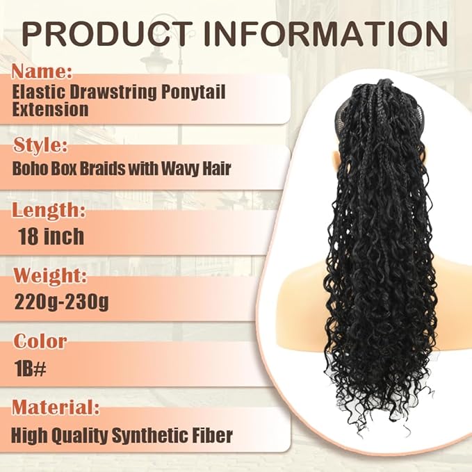 Drawstring Ponytail for Women 18 inch Boho Box Braids with Long Wavy Hair Clip in Ponytail Extension Synthetic Hair Extensions Ponytail for Daily Use (1B#, 18 Inch)
