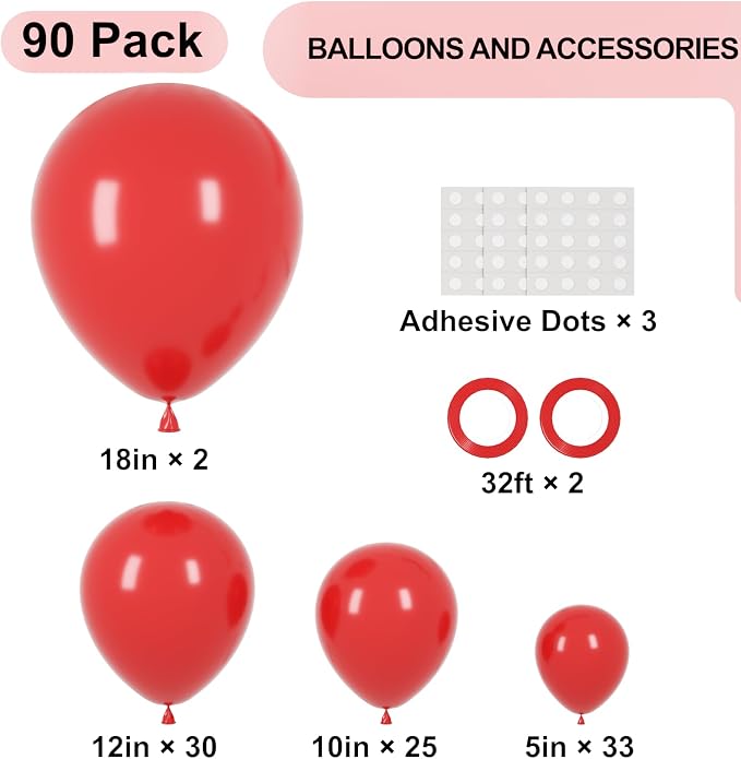 Voircoloria 90pcs Red Balloons Garland Arch Kit, 18 12 10 5 Inch | - Image 2