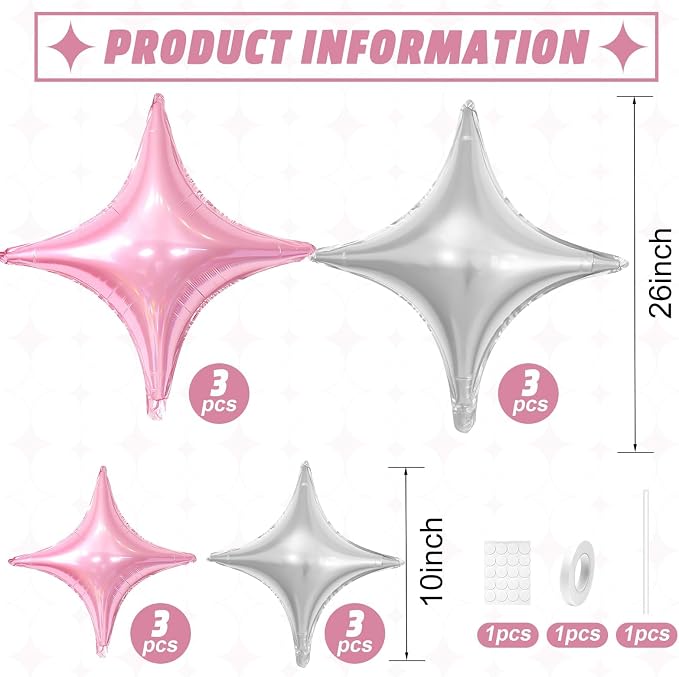 Pink Silver Star Balloons, 26Inch and 10Inch Pink Silver Quadrangle Helium - Image 2
