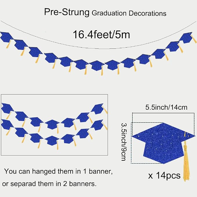 2026 Blue Glitter Graduation Decoration Hats Banners Garlands - Image 5