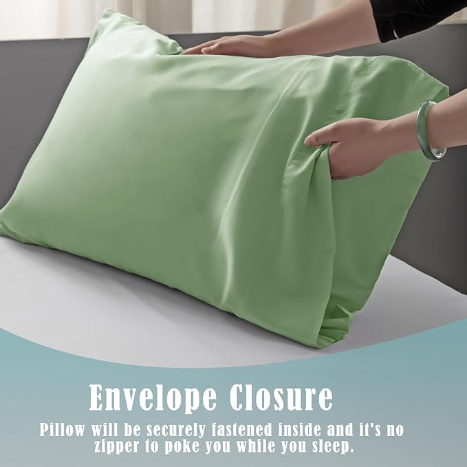 TELUS Pillow Cases Standard Size 2 Pack, Bamboo Rayon & Lyocell Pillowcase with Envelope Closure, Cooling Breathable Pillow Cover for Hot Sleeper & Night Sweats, 20x26 inch, Sage Green