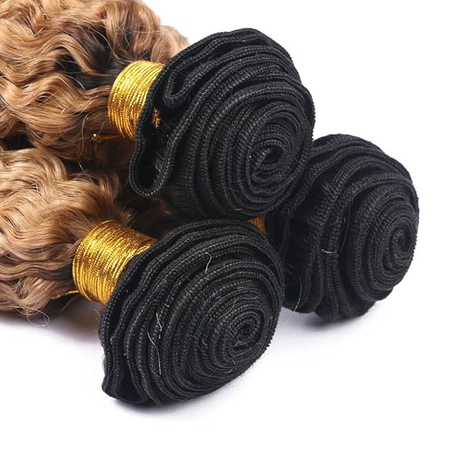 Honey Blonde Bundles Human Hair Ombre Deep Wave Bundle 18 20 22 Inch Peruvian Virgin Remy Hair Extensions Double Weft 2 Tone Black and Blonde Deep Wave Bundle Hair Weave 150g