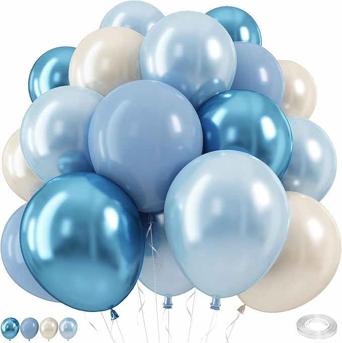 Dusty Blue White Balloons, Double Stuffed Pearl Light Baby Metallic Slate Blue by Togvu