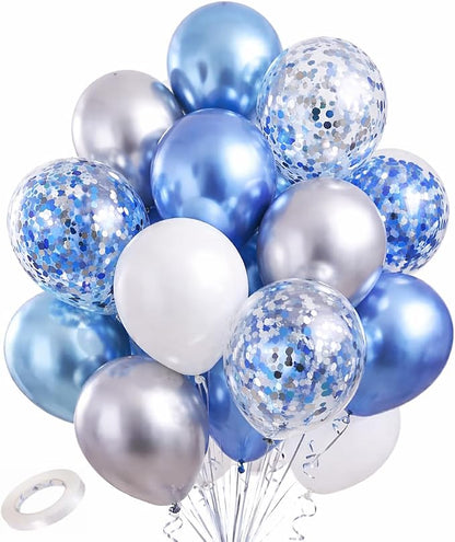 Blue White Silver Balloons Garland Kit – 60pcs 12 Inch Chrome Blue, Birthday by FiestaCart
