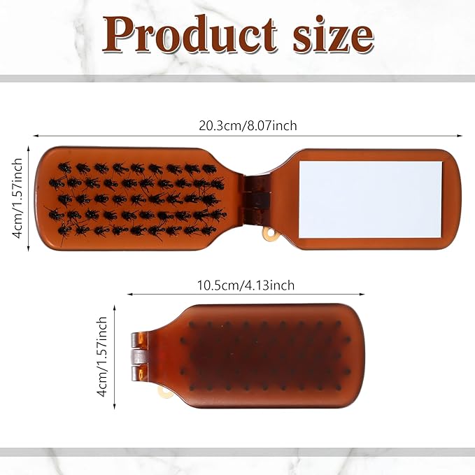 Nuenen 4 Pcs Folding Hair Brush with Mirror Portable Mini Hair Brush Small Compact Pocket Comb for Family Travel Car Gym Wig Bag Purse Gift Women(Tortoiseshell,Boar Bristles)