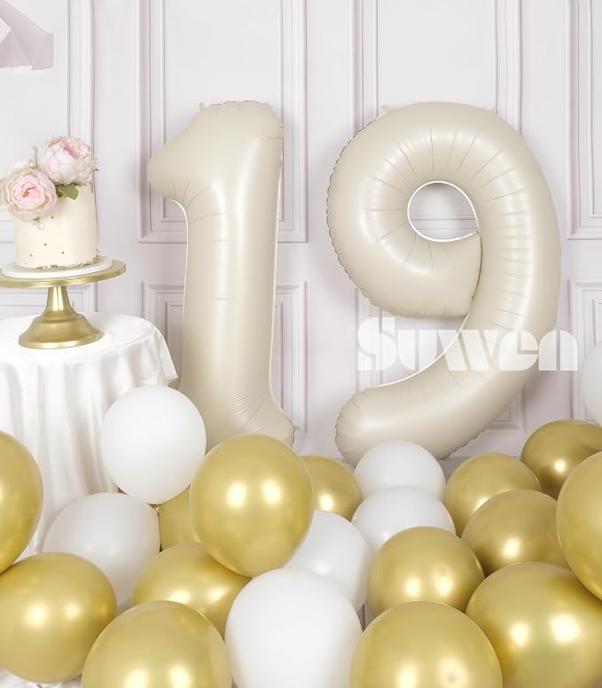 SUWEN 40 Inch Cream White Large 19 Number Balloons Big Foil Helium Number - Image 2