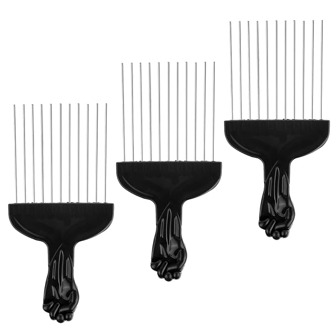 3pcs Hair Pick for Curly Hair, Stainless Steel Wide Tooth Detangling Comb Metal Afro Pick Comb with PP Handle for Curly Haircomb, Braids, Wigs Black