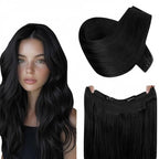 RUANTURE Jet Black Wire Hair Extensions Real Human Hair, Invisible Wire Hair Extensions Soft Straight Hair, Natural Looking, Easy to Install in Daily Wearing, 14 Inch 70g #1 Jet Black