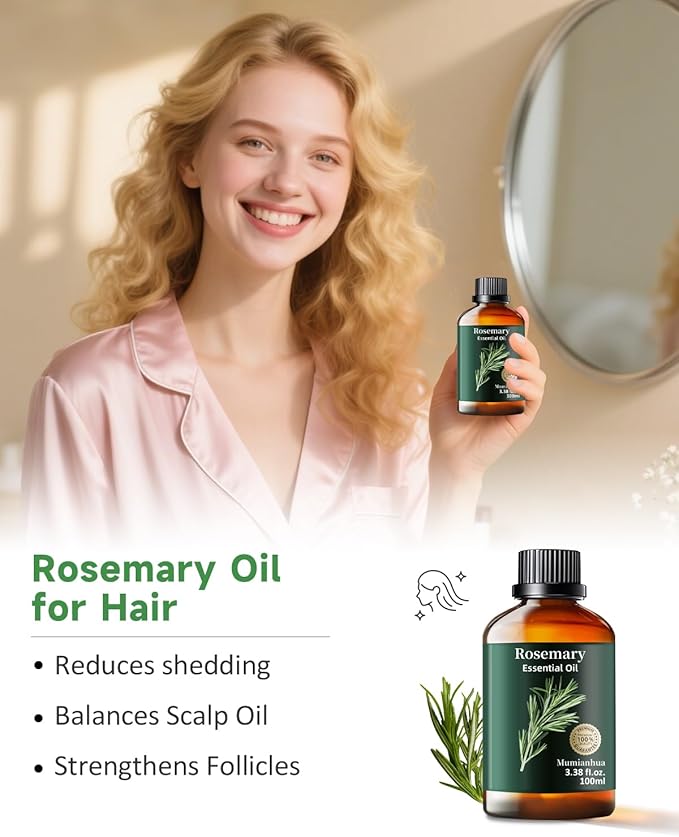 Rosemary Essential Oil Pure, Mumianhua Natural Oil for Hair Growth & Scalp Revitalization, Supports Stronger Hair, Reduces Dullness, for Diffuser & DIY Hair Care, 3.38 Fl Oz