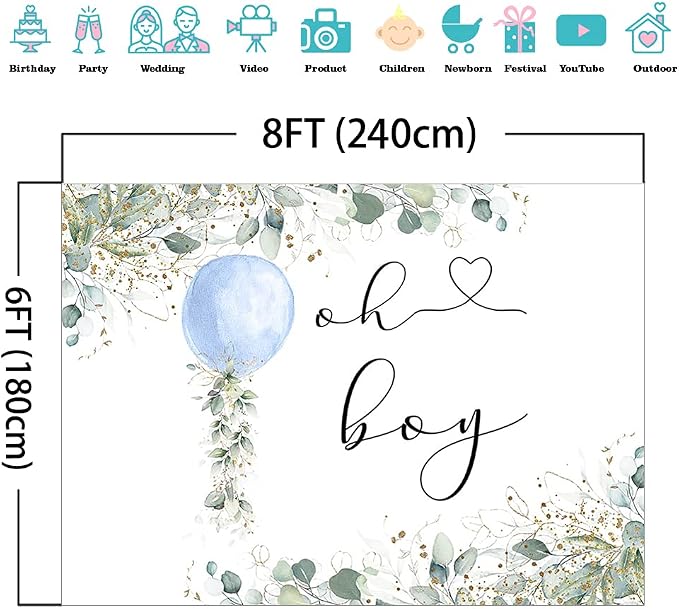 Mocsicka Oh Boy Watercolor Blue Balloon Backdrop Greenery Boy Baby Shower - Image 3