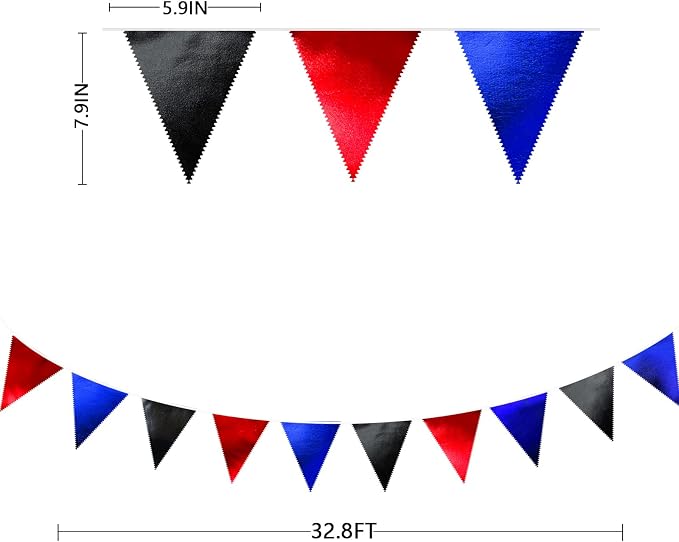 Navy Blue Red Black Party Decorations Metallic Fabric Triangle Pennant Banner - Image 2
