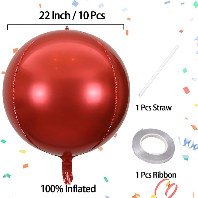 10 Pcs 22 Inch Red Mylar Balloons, Large 4D Giant Round Foil Balloon Big Mirror - Image 3