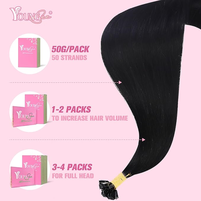 YoungSee K Tip Hair Extensions Black K Tips Human Hair Extensions for Wedding Jet Black 22In 50s/50g
