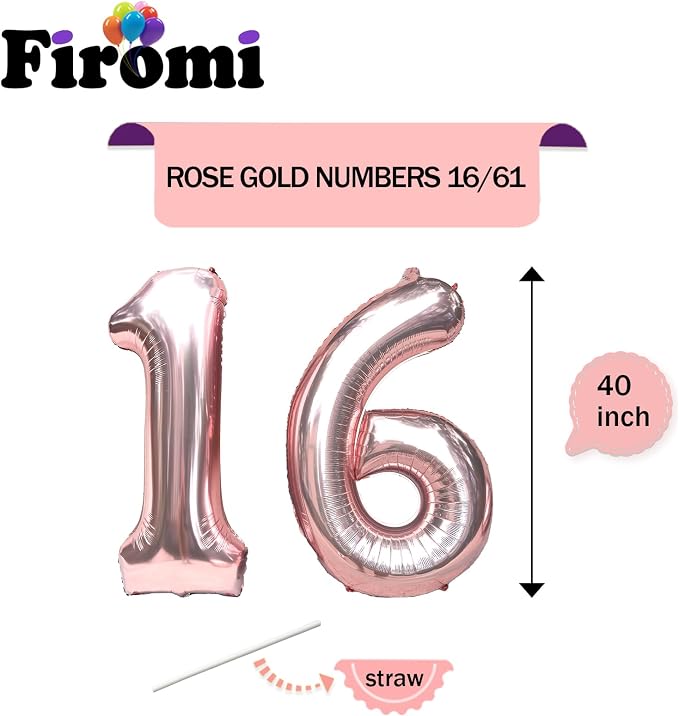FIROMI 16 Foil Number Balloons Rose Gold 40-inch Big Mylar Balloon Numbers | - Image 2