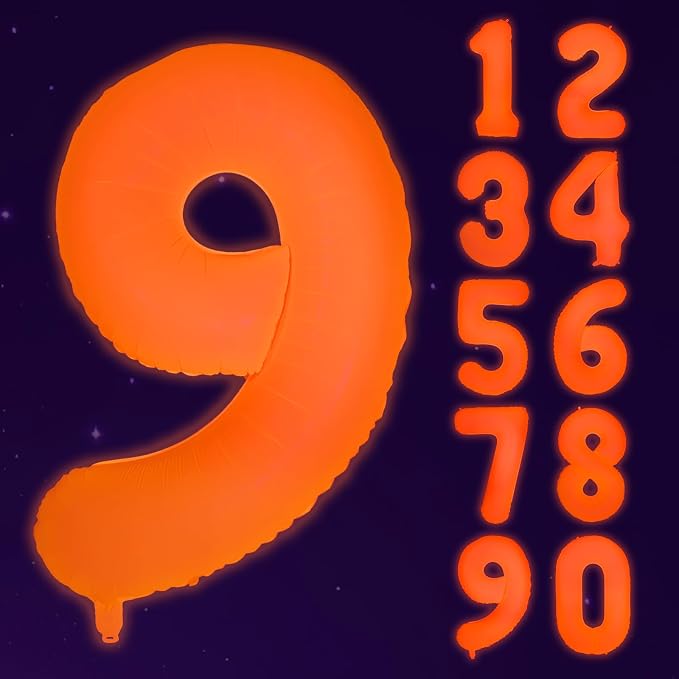Mega-L Glow in The Dark Party Supplies, 40 Inch Orange Number 9 Balloon | Glow by Mega-Loopolis