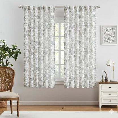 Kayne Studio Linen Grey Floral Botanical Light Filtering Curtains 63 Inches | by KayneStudio