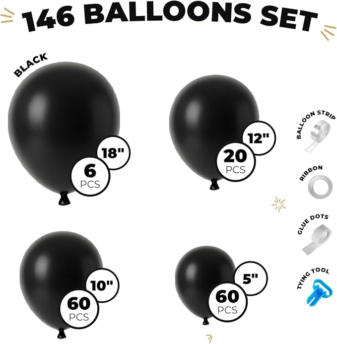 Vellax 146-Pc Black Balloon Garland Arch Kit, Baby Shower, DIY | 146-pc black - Image 2