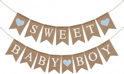 Sweet Baby Boy Burlap Banner for Baby Shower Decorations and Gender Reveal Party by ShimmerAnnaShine