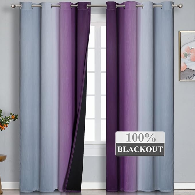 Ombre Purple and Gray Curtains 96 Inches Long, Total Blackout Curtains - Image 2