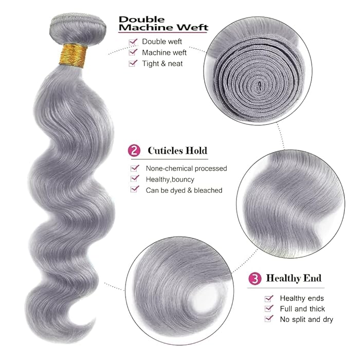 28 30 32 Inch Gray Bundles Human Hair Grey Body Wave Bundles Niegmeag Brazilian Virgin Remy Hair Extensions Double Weft Soft And Silky Silver Body Wave Bundle