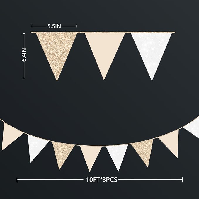 Champagne Gold Beige White Party Pennant Banner Flag Hanging Glitter Paper - Image 2