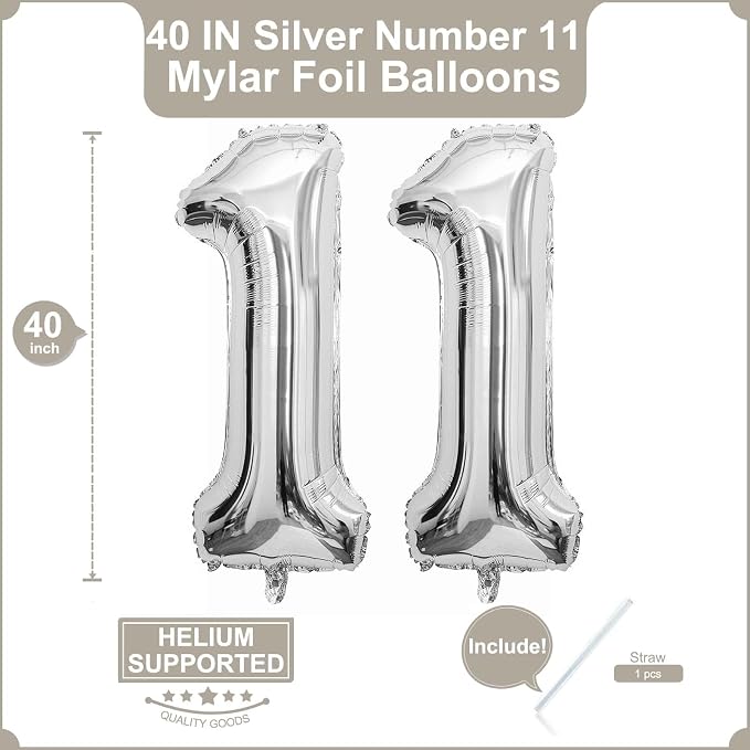 40 Inch Silver 11 Balloons Giant Number 11 Balloons Silver 11 Birthday Balloons - Image 2