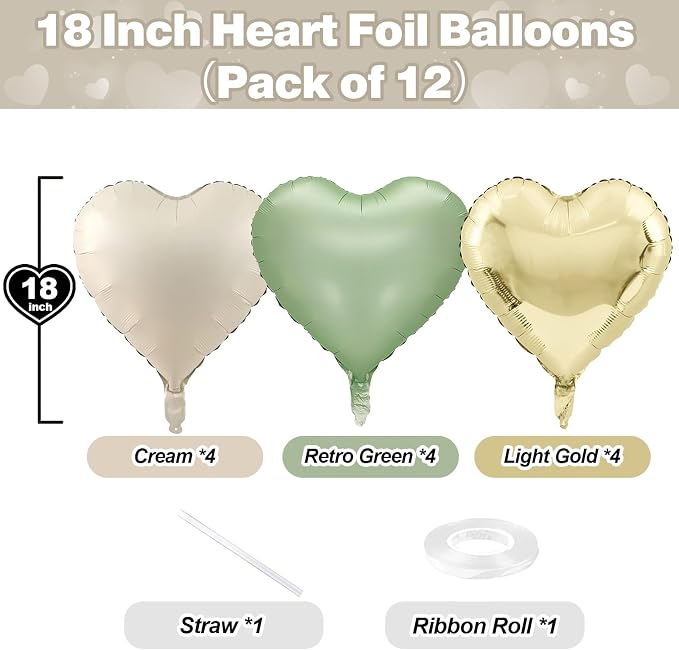 Sage Green Gold Heart Balloons, 18Inch Green Cream White Heart Helium Foil - Image 2
